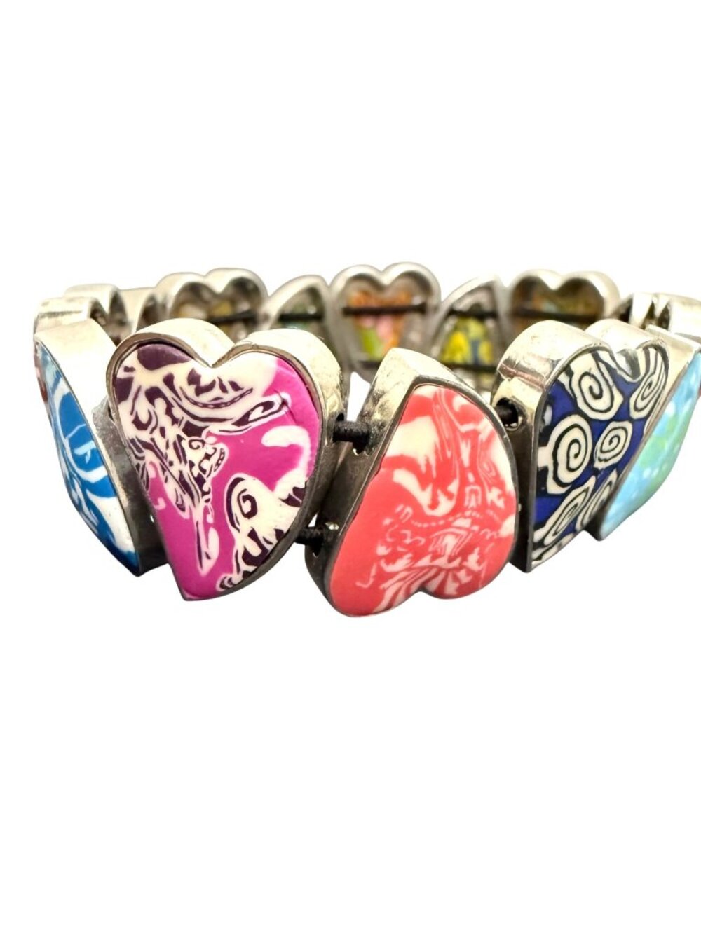 Viva Beads Bracelet Heart Link Polymer Clay Y2K Stretch Bohemian Silver Tone